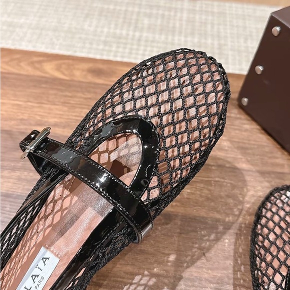 Alaia Black Mesh Mary Jane Flats with Patent Strap - Picture 3 of 7